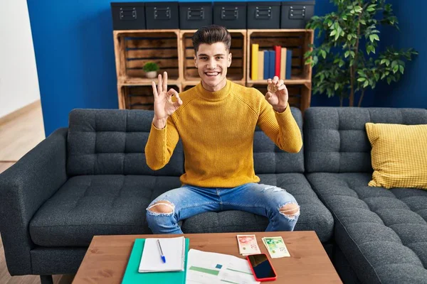 Young Hispanic Man Holding Bitcoin Virtual Money Doing Sign Fingers — Stock Photo, Image