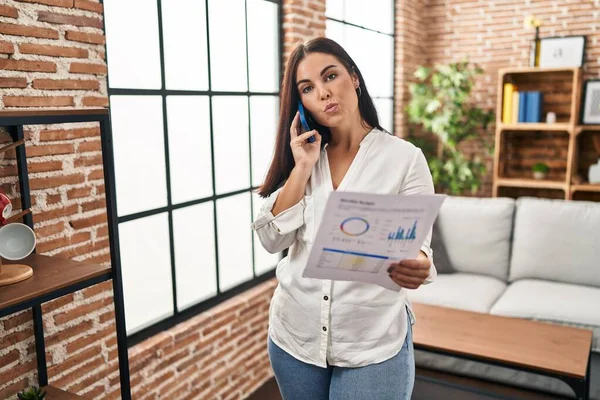 Young Hispanic Woman Speaking Phone Bills Looking Camera Blowing Kiss — Stock Photo, Image