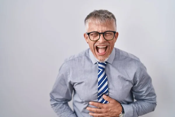 Hombre Negocios Hispano Con Pelo Gris Usando Gafas Sonriendo Riendo — Foto de Stock