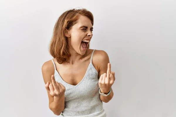 Beautiful Caucasian Woman Standing Isolated Background Showing Middle Finger Doing — Stock Photo, Image