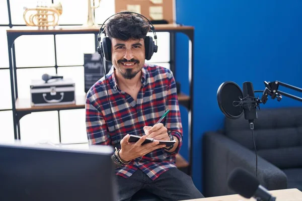 Young Hispanic Man Artist Listening Music Composing Song Music Studio — Stockfoto