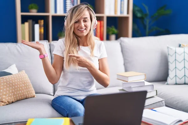 Young Blonde Woman Studying Using Computer Laptop Home Amazed Smiling — Stockfoto