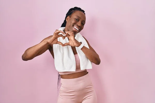 Beautiful Black Woman Wearing Sportswear Towel Pink Background Smiling Love — Zdjęcie stockowe