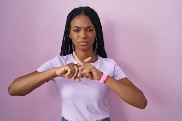 African American Woman Braids Standing Pink Background Rejection Expression Crossing — 图库照片