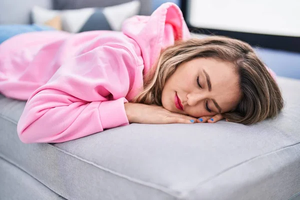 Young Woman Lying Sofa Sleeping Home — ストック写真