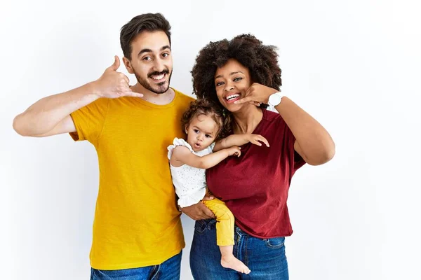 Interracial Young Family Black Mother Hispanic Father Daughter Smiling Doing — Foto de Stock