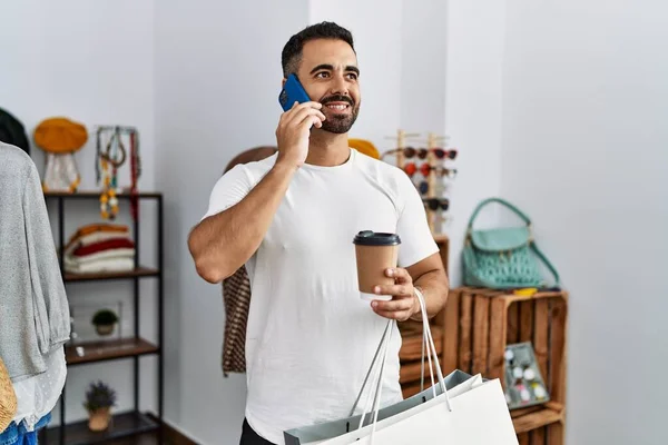 Young Hispanic Man Customer Talking Smartphone Shopping Clothing Store — Photo