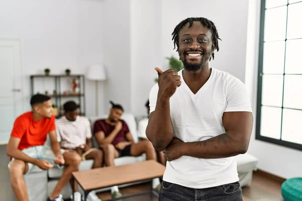 Young African Man Friends Living Room Smiling Happy Face Looking — Stockfoto