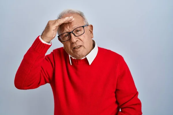 Senior Man Grey Hair Standing Isolated Background Worried Stressed Problem — Stock Photo, Image