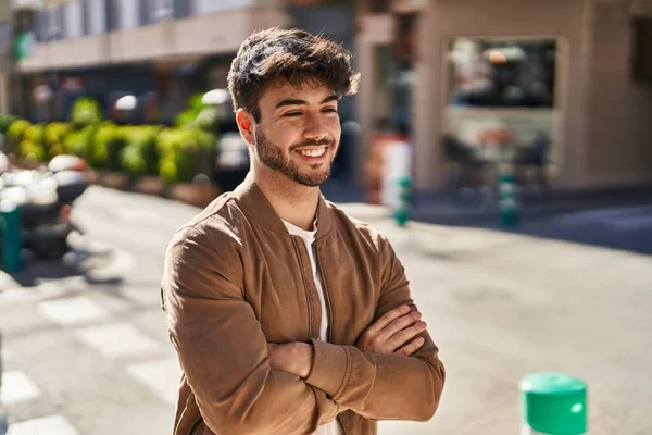 Young Hispanic Man Smiling Confident Standing Arms Crossed Gesture Street — 스톡 사진