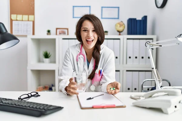 Young Doctor Woman Holding Glass Water Prescription Pills Smiling Laughing — Stock Photo, Image