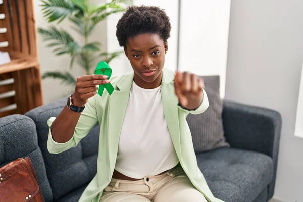 African American Woman Holding Support Green Ribbon Pointing Finger Camera — Stock Photo, Image