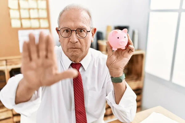 Senior Business Man Holding Piggy Bank Open Hand Doing Stop — Stock Photo, Image