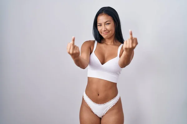 Hispanic Woman Wearing Lingerie Showing Middle Finger Doing Fuck You — Zdjęcie stockowe