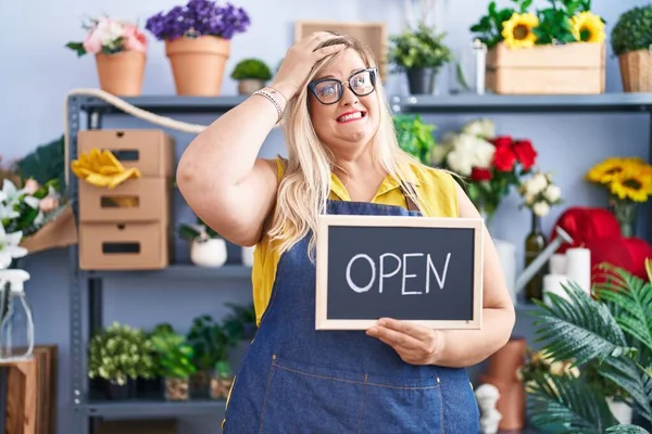 Caucasian Size Woman Working Florist Holding Open Sign Stressed Frustrated — Stockfoto