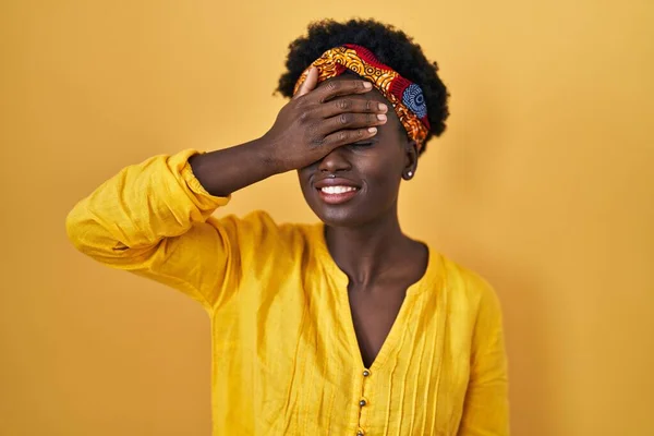 African Young Woman Wearing African Turban Smiling Laughing Hand Face — Stock Photo, Image