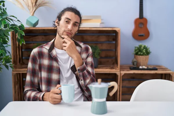 Young Hispanic Man Drinking Coffee French Coffee Maker Serious Face — 图库照片
