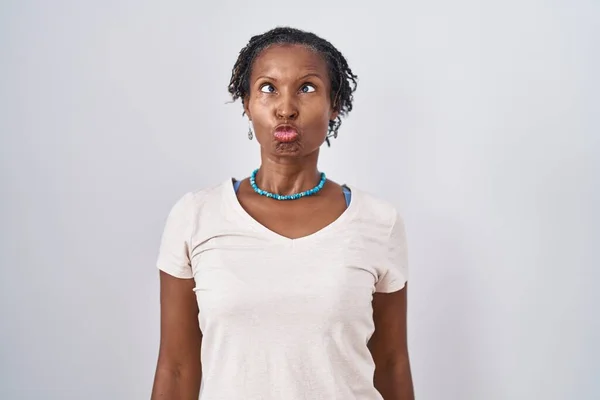 African Woman Dreadlocks Standing White Background Making Fish Face Lips — Stockfoto