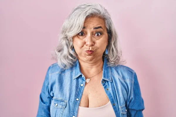 Middle Age Woman Grey Hair Standing Pink Background Puffing Cheeks — Stock Photo, Image