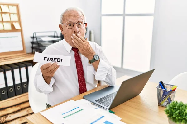 Senior Business Man Holding Fired Banner Office Covering Mouth Hand — Stock Photo, Image