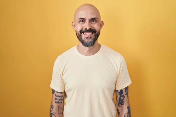 Hispanic Man Tattoos Standing Yellow Background Happy Cool Smile Face — Stock Photo, Image