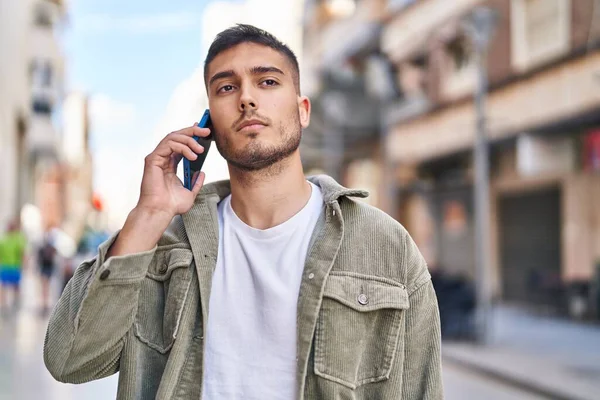 Young Hispanic Man Talking Smartphone Street — Photo