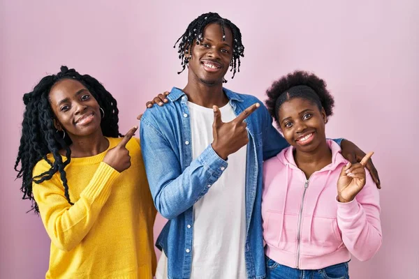Group Three Young Black People Standing Together Pink Background Cheerful — Stockfoto
