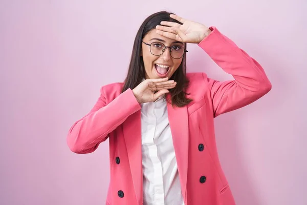 Young Hispanic Woman Wearing Business Clothes Glasses Smiling Cheerful Playing — Foto Stock