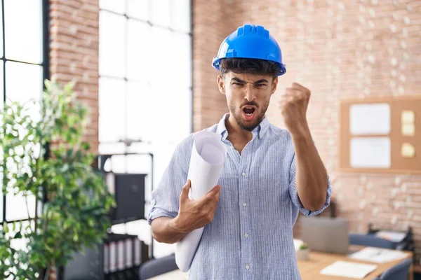 Arab Man Beard Wearing Architect Hardhat Construction Office Annoyed Frustrated — Fotografia de Stock