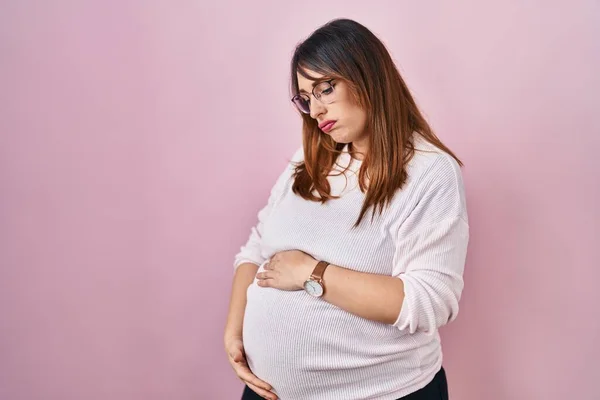 Pregnant Woman Standing Pink Background Looking Sleepy Tired Exhausted Fatigue — Stock Photo, Image