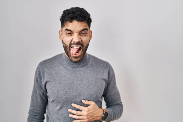 Hispanic Man Beard Standing White Background Sticking Tongue Out Happy — Stockfoto