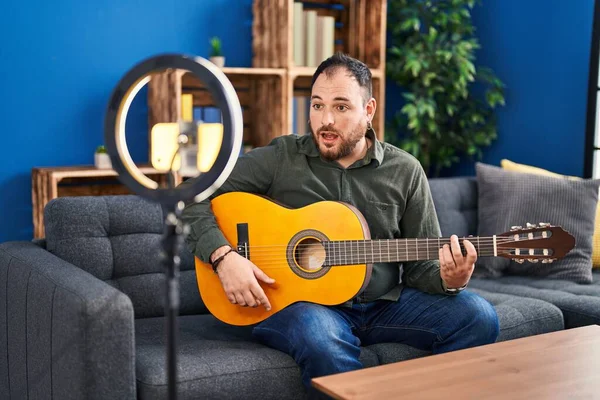 Size Hispanic Man Beard Playing Classic Guitar Music Studio Recording — Stockfoto