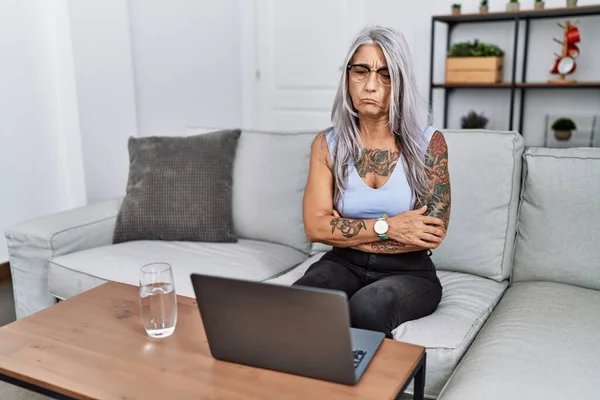 Middle Age Grey Haired Woman Using Laptop Home Skeptic Nervous — Stock Photo, Image