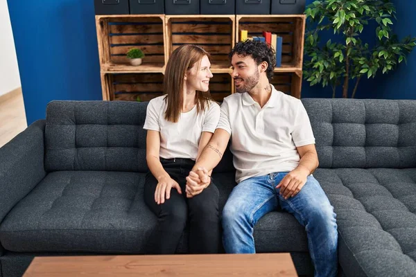 Man Woman Smiling Confident Hands Together Home — Stockfoto