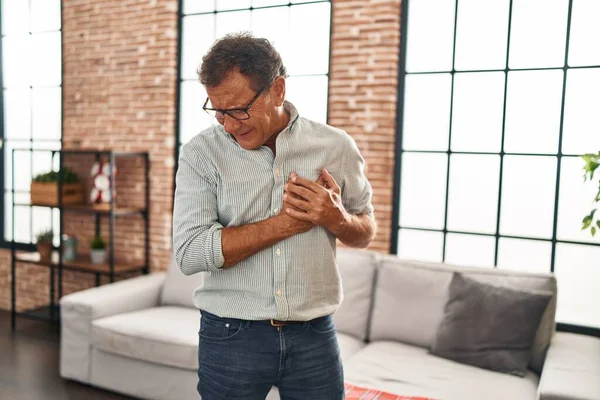 Middle Age Man Touching Chest Suffering Heart Attack Home — Fotografia de Stock