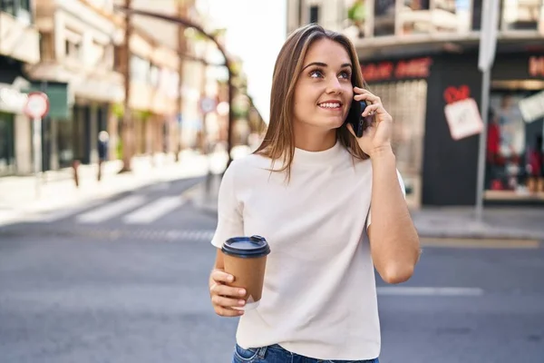 Young Blonde Woman Talking Smartphone Drinking Coffee Street — Stock Photo, Image