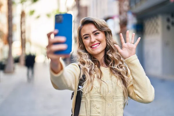 Young Woman Tourist Smiling Confident Having Video Call Street — Zdjęcie stockowe
