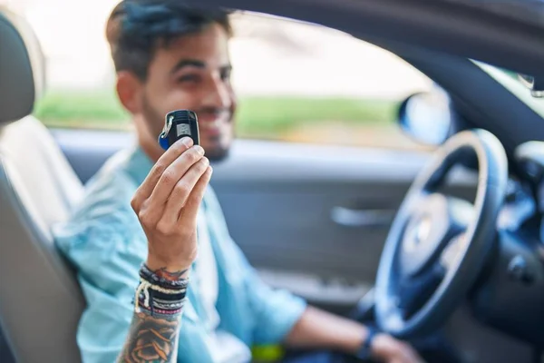 Young Hispanic Man Smiling Confident Holding Key New Car Street — ストック写真