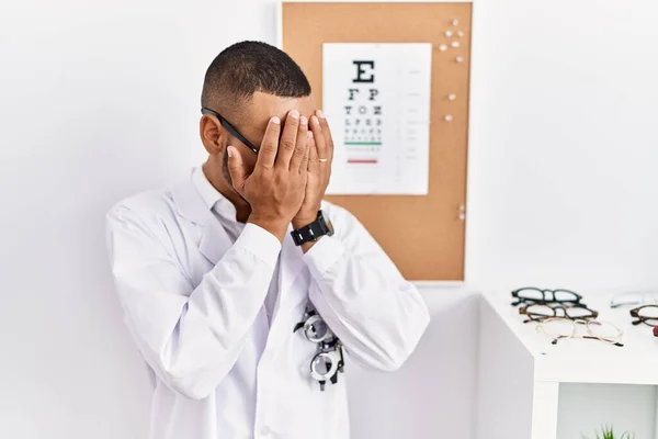 African American Optician Man Standing Eyesight Test Sad Expression Covering — Zdjęcie stockowe