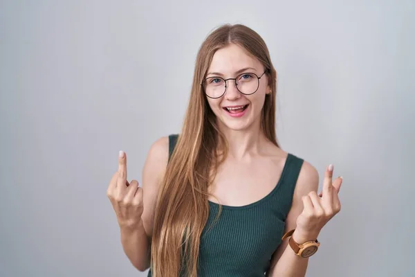 Young Caucasian Woman Standing White Background Showing Middle Finger Doing — стоковое фото