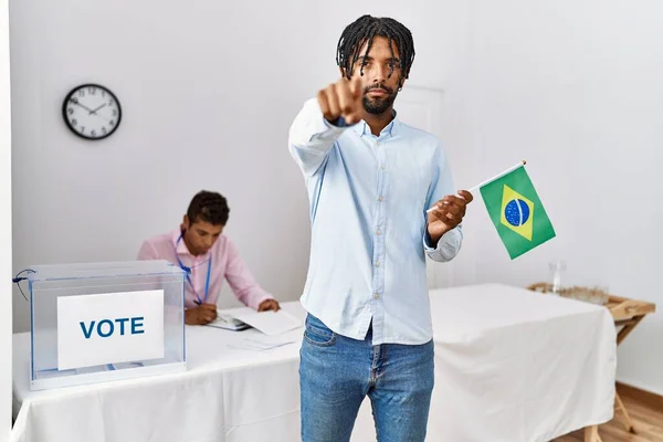 Young Hispanic Men Political Campaign Election Holding Brazil Flag Pointing — Stock Photo, Image