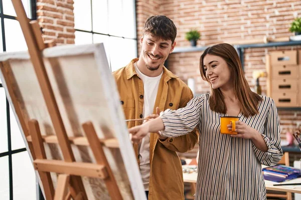 Mand Woman Artist Couple Drinking Coffee Drawing Art Studio — Photo