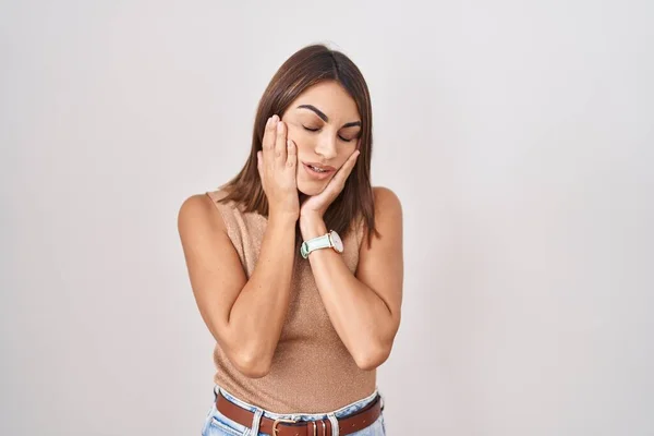 Young Hispanic Woman Standing White Background Tired Hands Covering Face — Stock Photo, Image