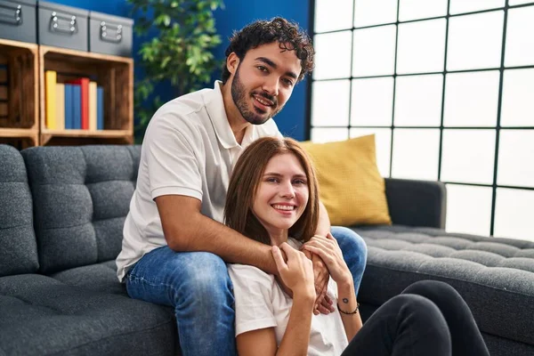 Man Woman Smiling Confident Hugging Each Other Home — Photo