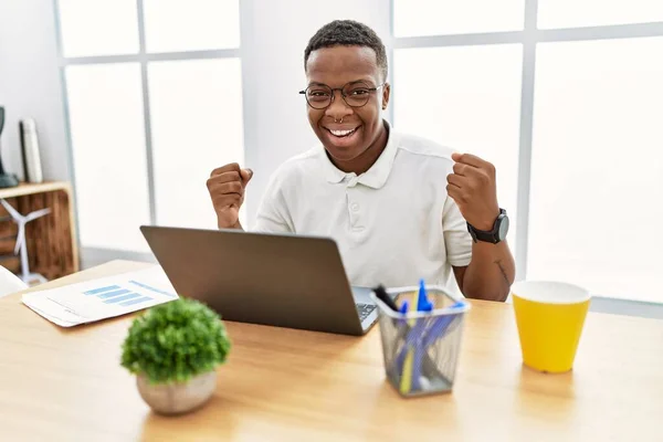 Young African Man Working Office Using Computer Laptop Very Happy — Φωτογραφία Αρχείου