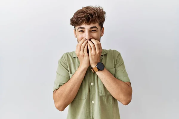 Young Arab Doctor Man Standing Isolated Background Laughing Embarrassed Giggle — Stock Fotó