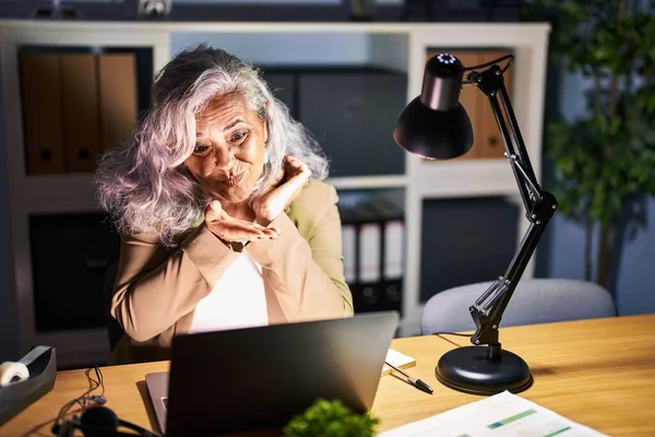 Mujer Mediana Edad Con Pelo Gris Trabajando Con Computadora Portátil —  Fotos de Stock