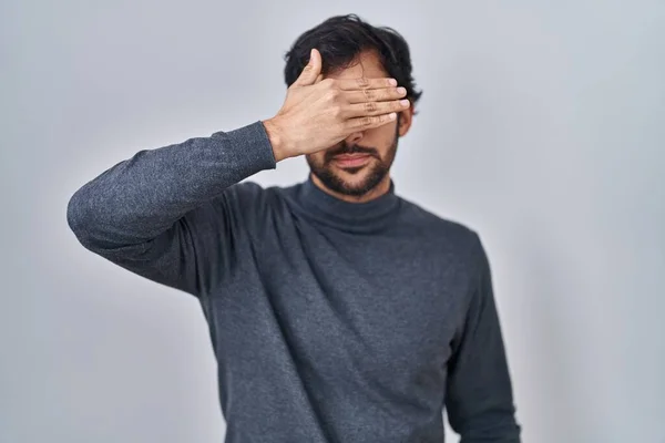 Handsome Latin Man Standing Isolated Background Smiling Laughing Hand Face — Fotografia de Stock