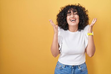 Sarı arka planda duran genç ortadoğulu kadın başarının çılgınlığını kutluyor. Kollarını kaldırmış, gözlerini kapatmış heyecanlı çığlıklar atıyordu. Kazanan konsept 