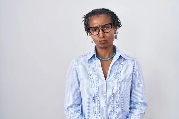 African Woman Dreadlocks Standing White Background Wearing Glasses Depressed Worry — 图库照片